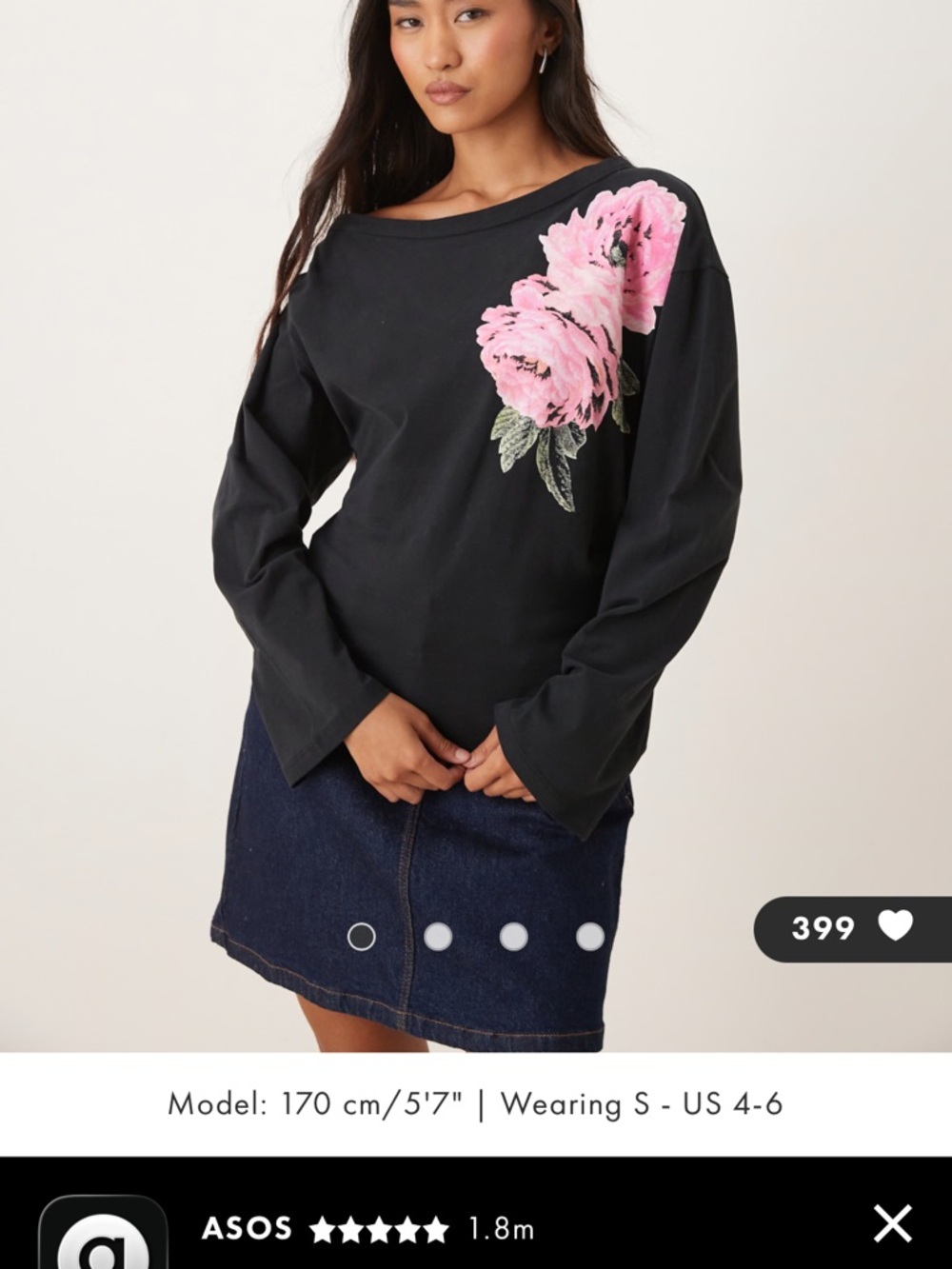 ASOS DESIGN cinched waist slash neck top in black with flower graphic